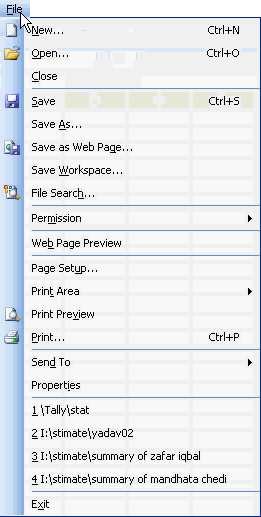 File Menu In MS Excel 2003
