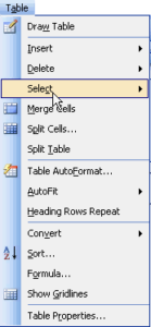 Table Menu in Microsoft Word 2003